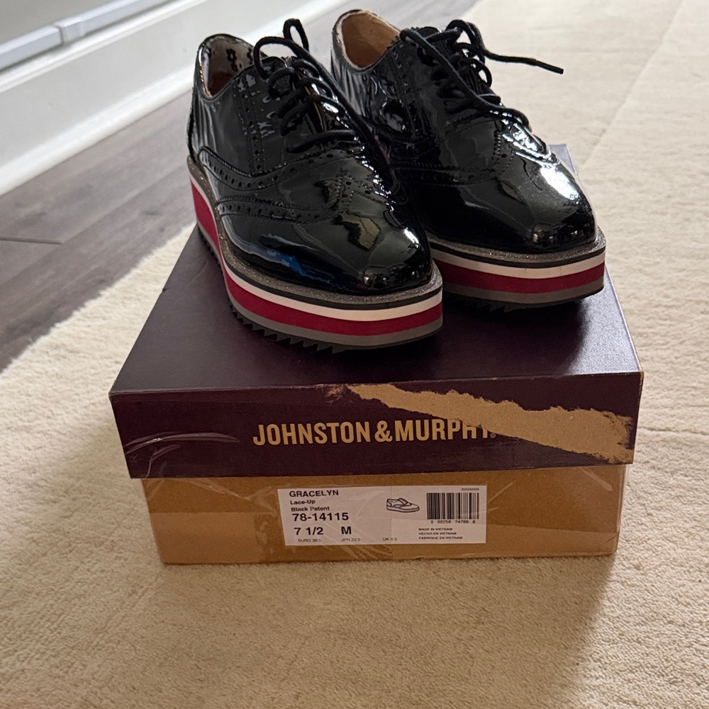 Johnston & Murphy Black Patent Wingtip Platforms with Red and White Stripes